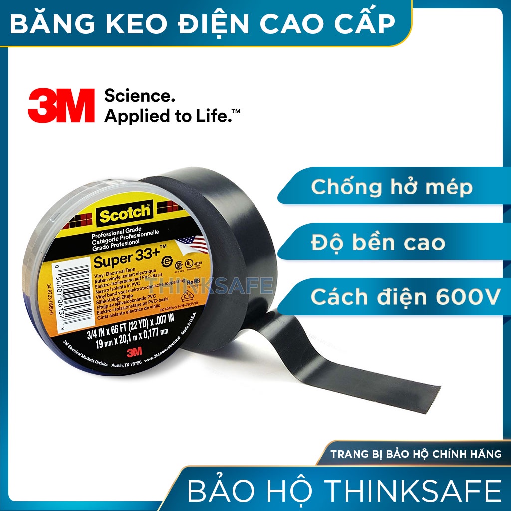 Băng keo điện 3M Super 33 băng keo cách điện chịu nhiệt 105°C cách điện 600v chống cháy lan