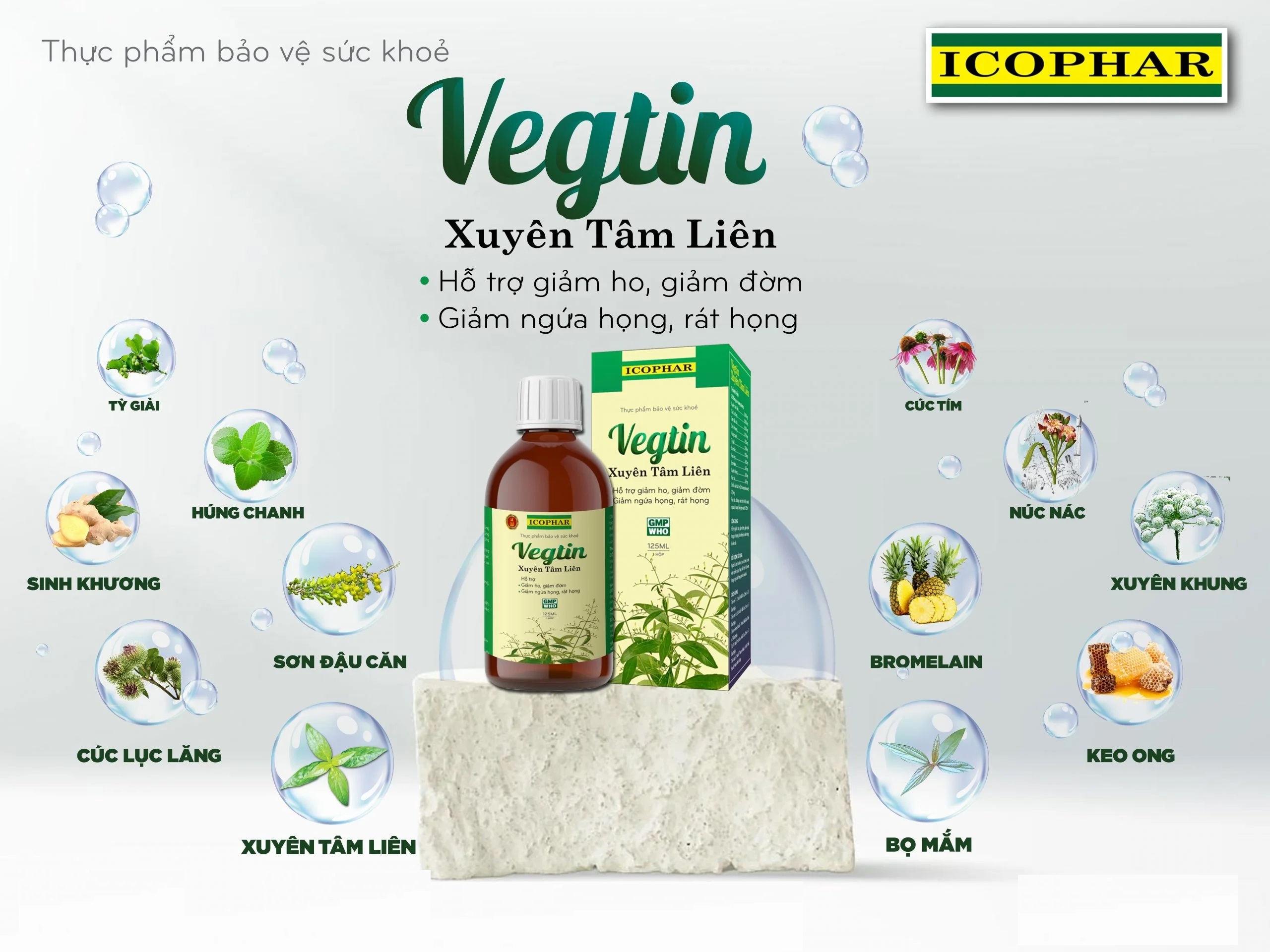 Hình ảnh Vegtin Xuyên Tâm Liên ICOPHAR - Hỗ Trợ Giảm Ho, Long Đờm, Ngứa Rát Họng - Hộp 125ml