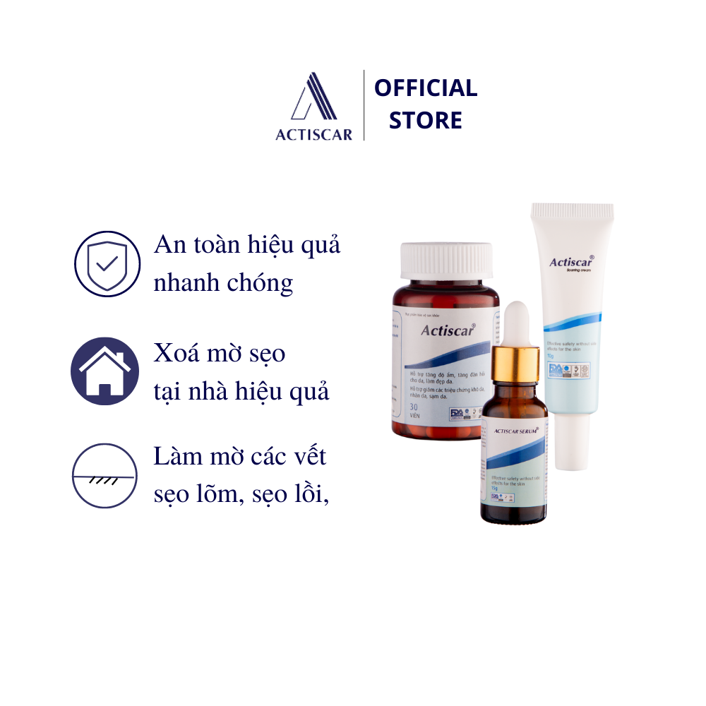 [Combo bộ 3 ]Hỗ Trợ Sẹo Actiscar gồm Kem + Serum + viên uống làm mờ sẹo Lồi, Lõm , Rỗ Thâm