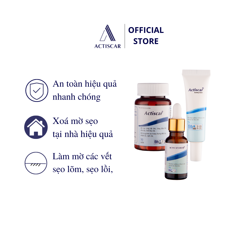 [Combo bộ 3 ]Hỗ Trợ Trị Sẹo Actiscar gồm Kem + Serum + viên uống làm mờ sẹo Lồi, Lõm , Rỗ Thâm