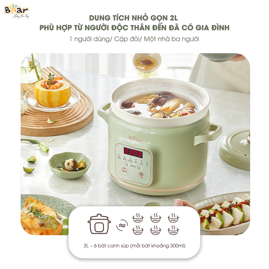 Nồi nấu chậm BEAR 2L Đa Năng Nấu Cháo Hầm Giữ Ấm Giữ Trọn Chất Dinh Dưỡng Bản Tiếng Việt SB-NNC20 - HÀNG CHÍNH HÃNG