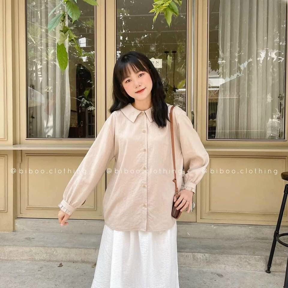 Áo sơ mi nữ dài tay form rộng thêu trái tim vải đũi 2 màu trẻ trung