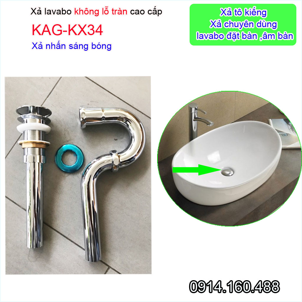 Xả ấn tay lavabo không lỗ tràn KAG-KX34, Bộ ống thải xi phông cho lavabo kính chậu đá mặt kính chất liệu inox dày cao cấp