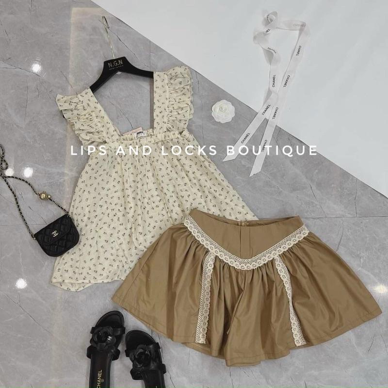 Set Áo Babydoll Hoa 2 Dây Kèm Short Nâu - Kèm Hình Thật
