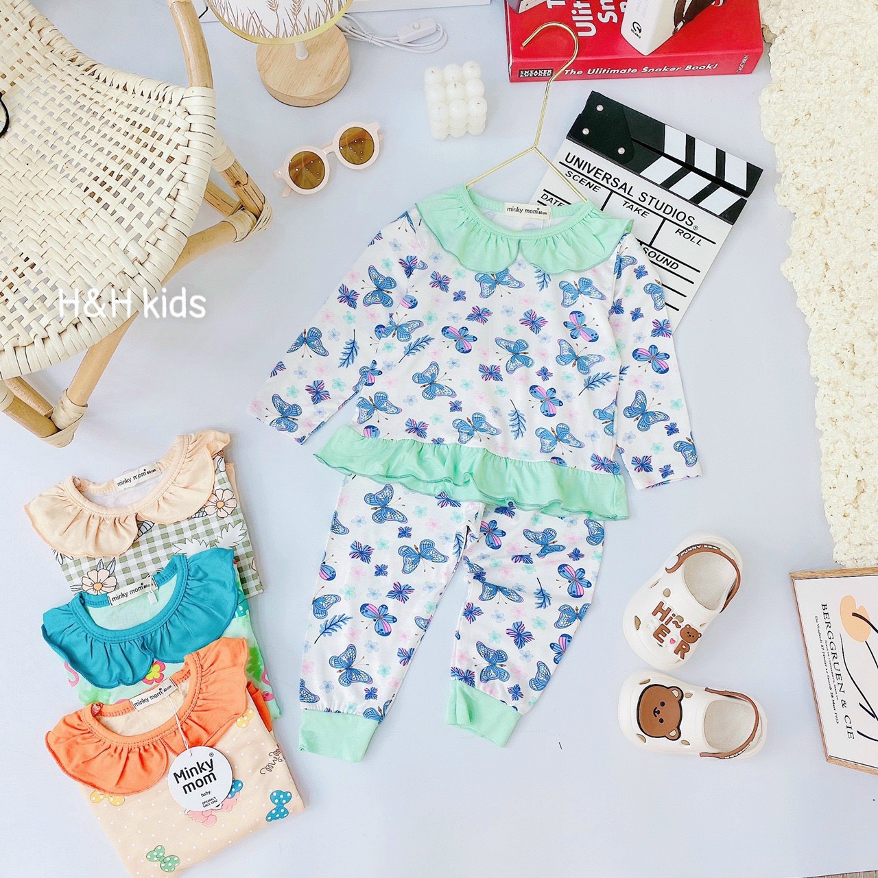 Đồ Bộ Dài Tay Bé Gái Thun Lạnh Minky Cổ Lá Sen Hình Thỏ Hồng Hạc Hoa Cúc