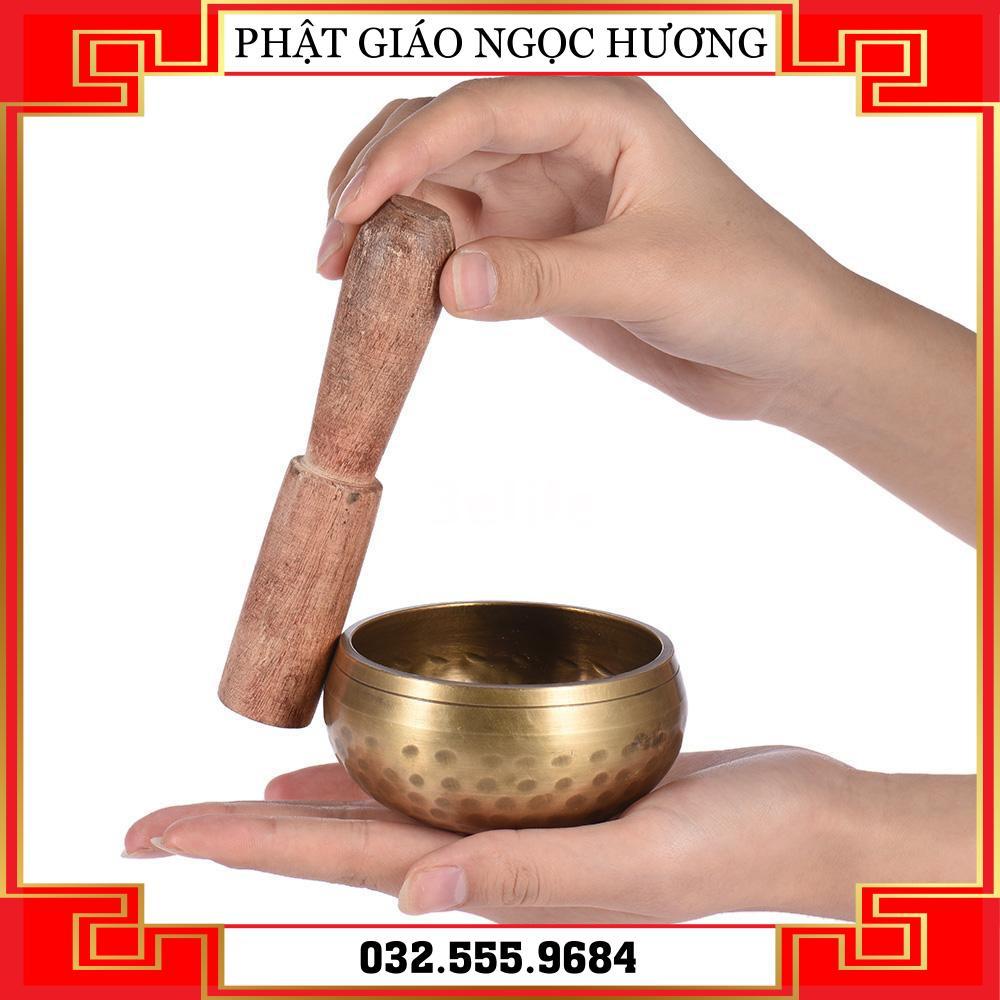 Chuông bát xoay Tây Tạng bằng kim loại và cây gõ mõ