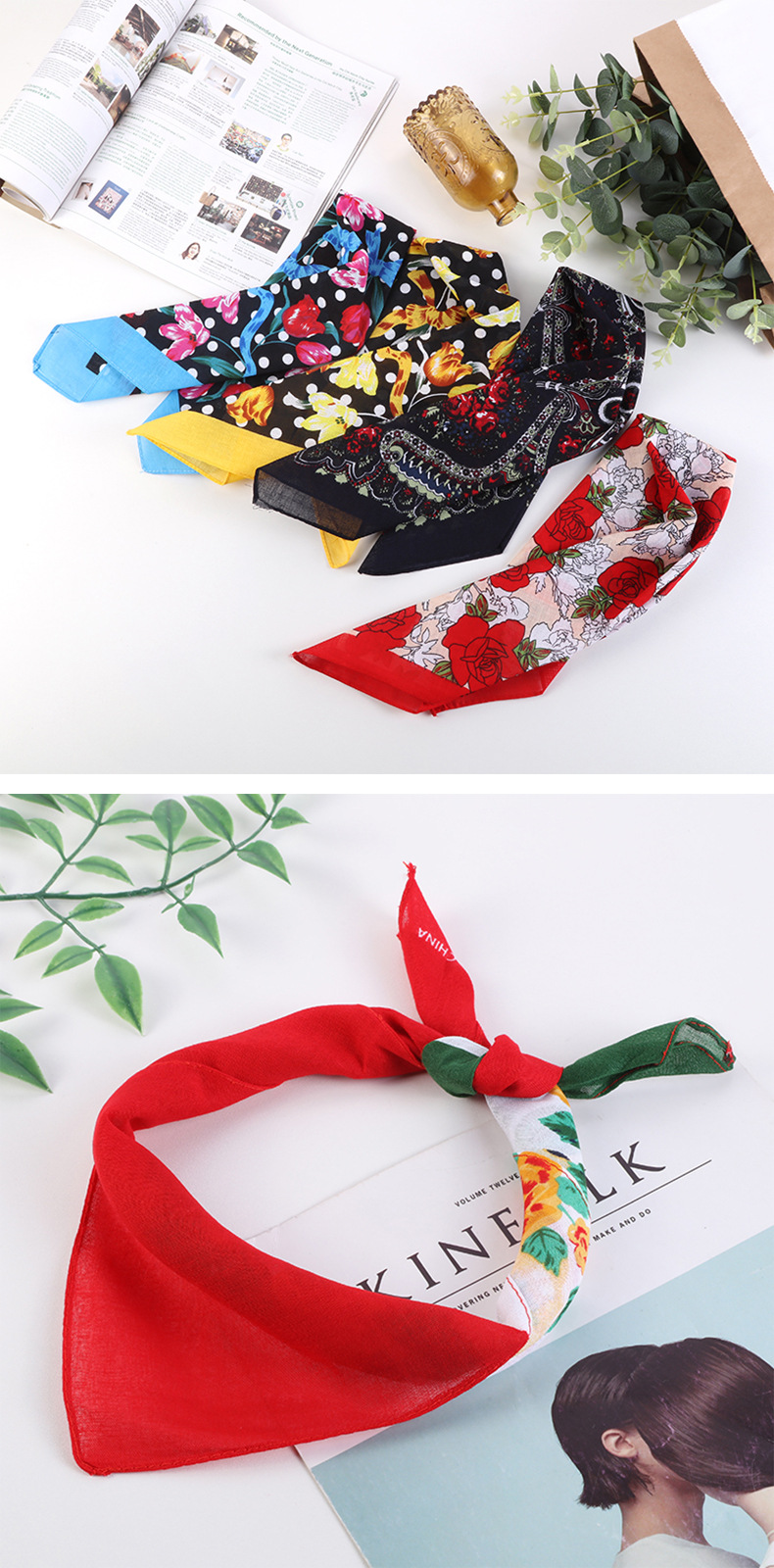 Khăn Bandana phong cách Vintage dễ thương 54x54cm - BDN06.3 hoa tulip đỏ