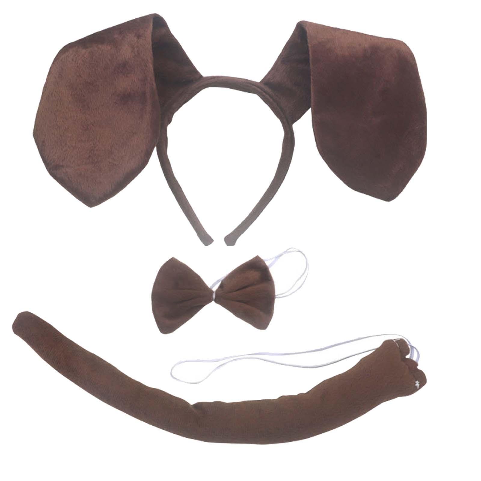 Dog Ears Headband Tail Bowtie Set Headwear Animal Ears Headband Costume Hair Hoop Dog Ears and Long Tail for Party Prom Women