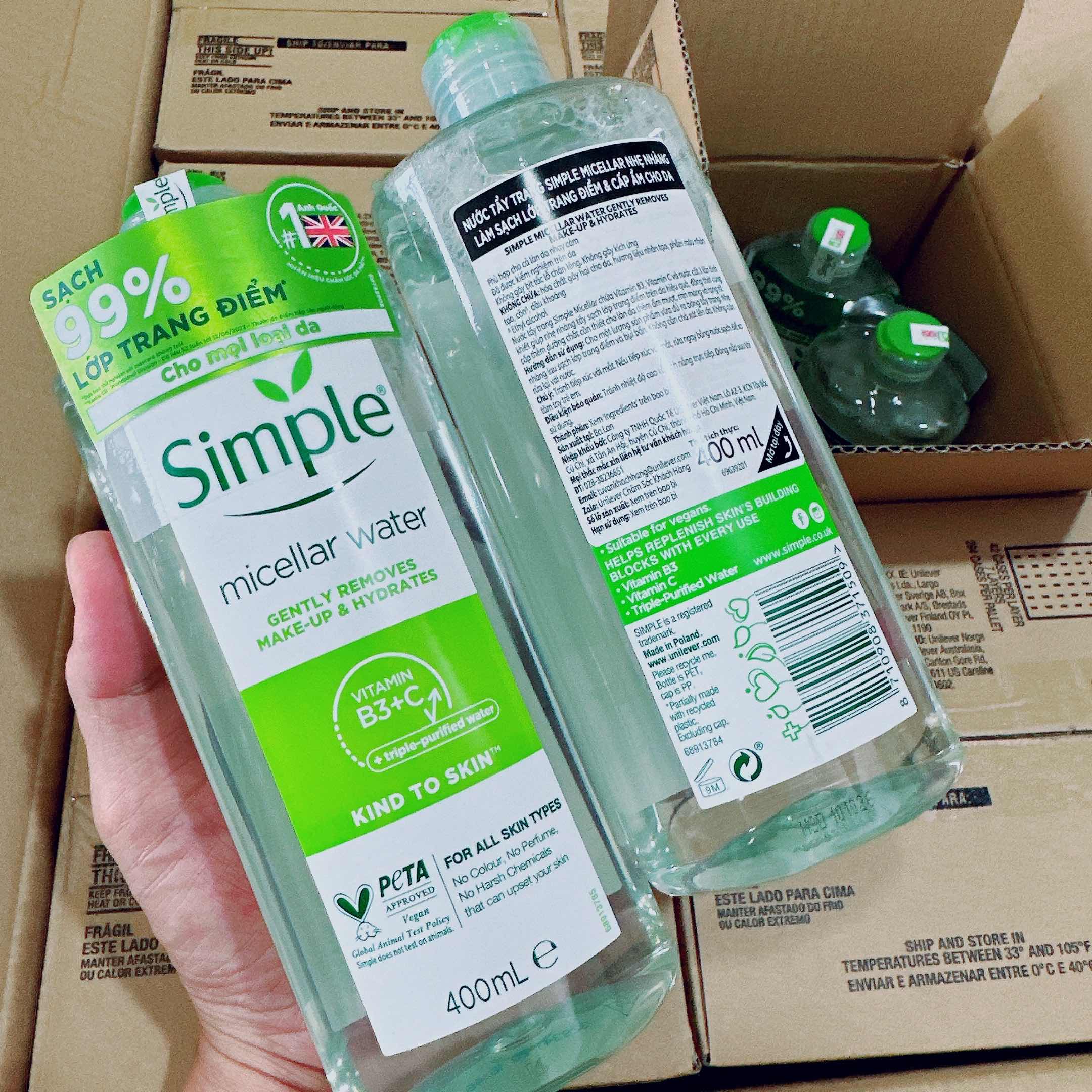 Nước Tẩy Trang SIMPLE Micellar Water 400ml - Làm Sạch Trang Điểm - Không Chứa Cồn Gây Khô Rát