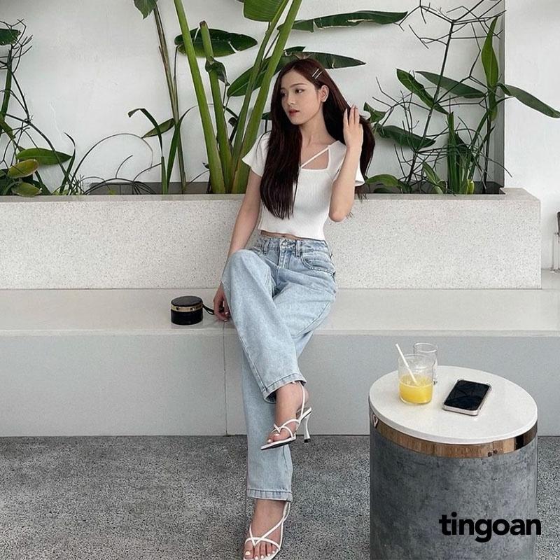 Áo len crop ngắn tay chéo dây đen tingoan MISSIN' U TOP/BL
