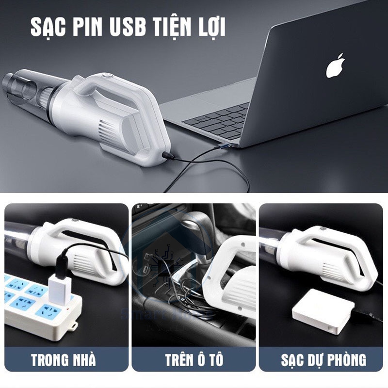 Máy Hút Bụi Cầm Tay Mini Không Dây Đa Năng Sạc Chân Cắm USB Lực Hút 12000Pa 120W , Lõi lọc đạt chuẩn HEPA có thể tái sử dụng nhiều lần , Dung tích khoang chứa lớn 0.53L