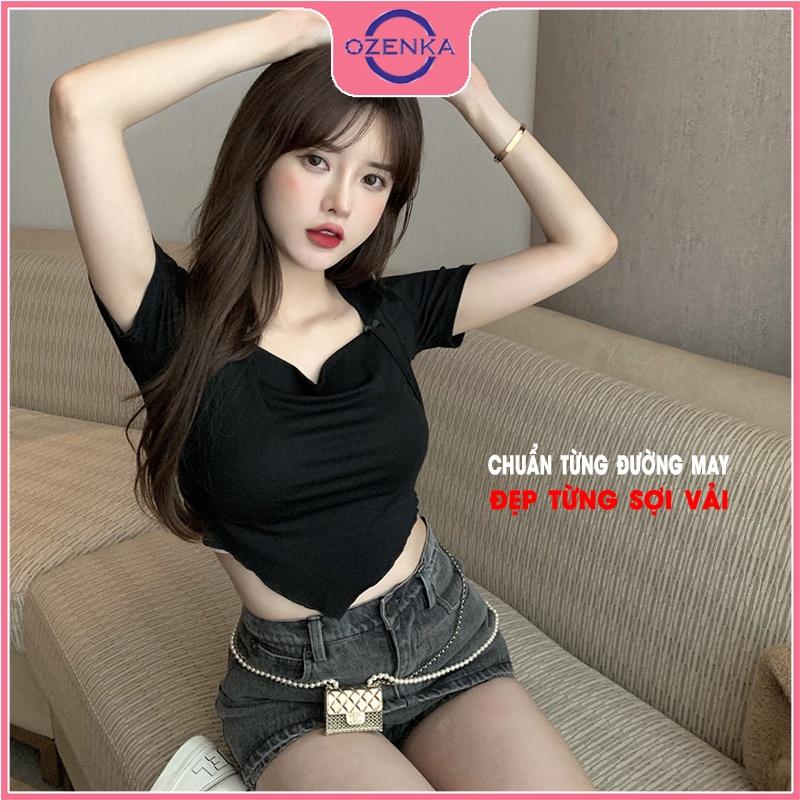 Áo croptop cổ vuông vạt yếm , crt tay ngắn ôm đẹp thun gân 100% cotton free size dưới 52 kg màu đen trắng