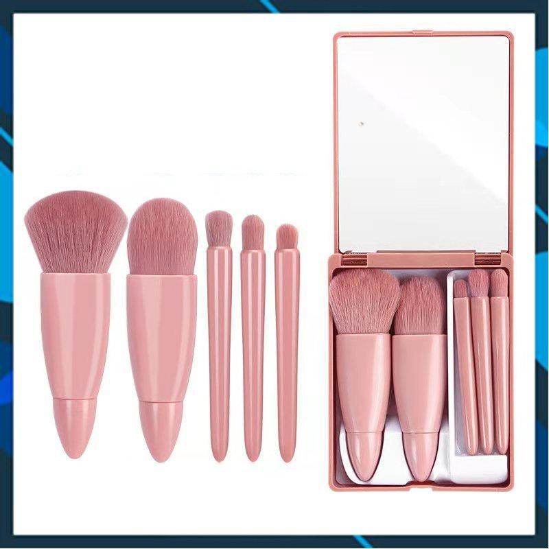 Hộp 5 Cây Cọ Trang Điểm Cao Cấp Kèm Gương Màu Hồng Phấn