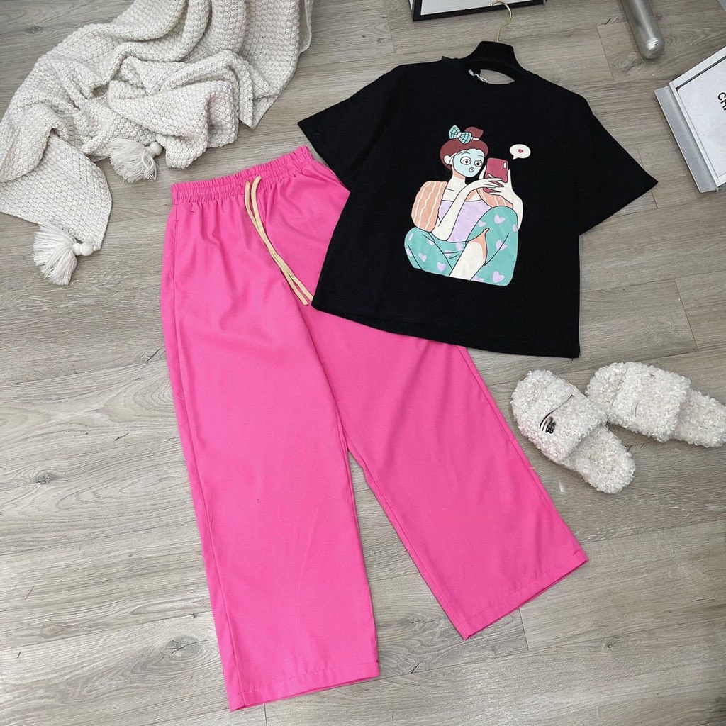 Đồ bộ Dài Áo Thun Cô Gái Quần Hồng Ống Rộng DOMIN