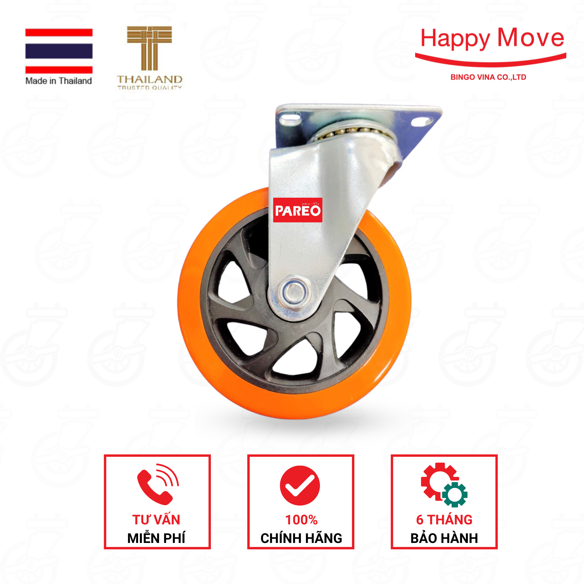 BÁNH XE ĐẨY PU CÔNG NGHỆ CAO, LOẠI CÀNG XOAY 125mm - THƯƠNG HIỆU HAPPY MOVE (THÁI LAN)