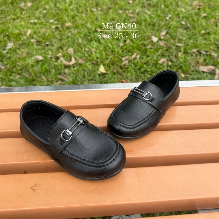 Giày lười bé trai, giày Moca màu đen/trắng trẻ em học sinh nam 2 - 8 tuổi mặc vest đi tiệc phong cách sang trọng lịch sự NHÍM SHOP GN40