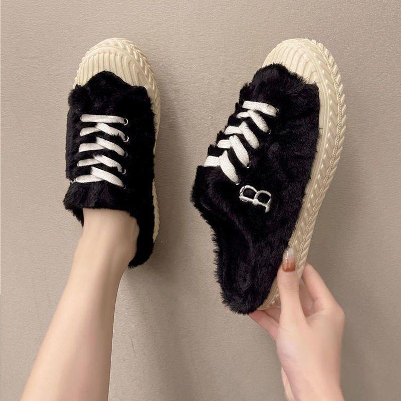 Dép Bít Mũi Đế Dày Phối Lông Thời Trang Thu Đông 2022 Phong Cách Mới Cho Nữ