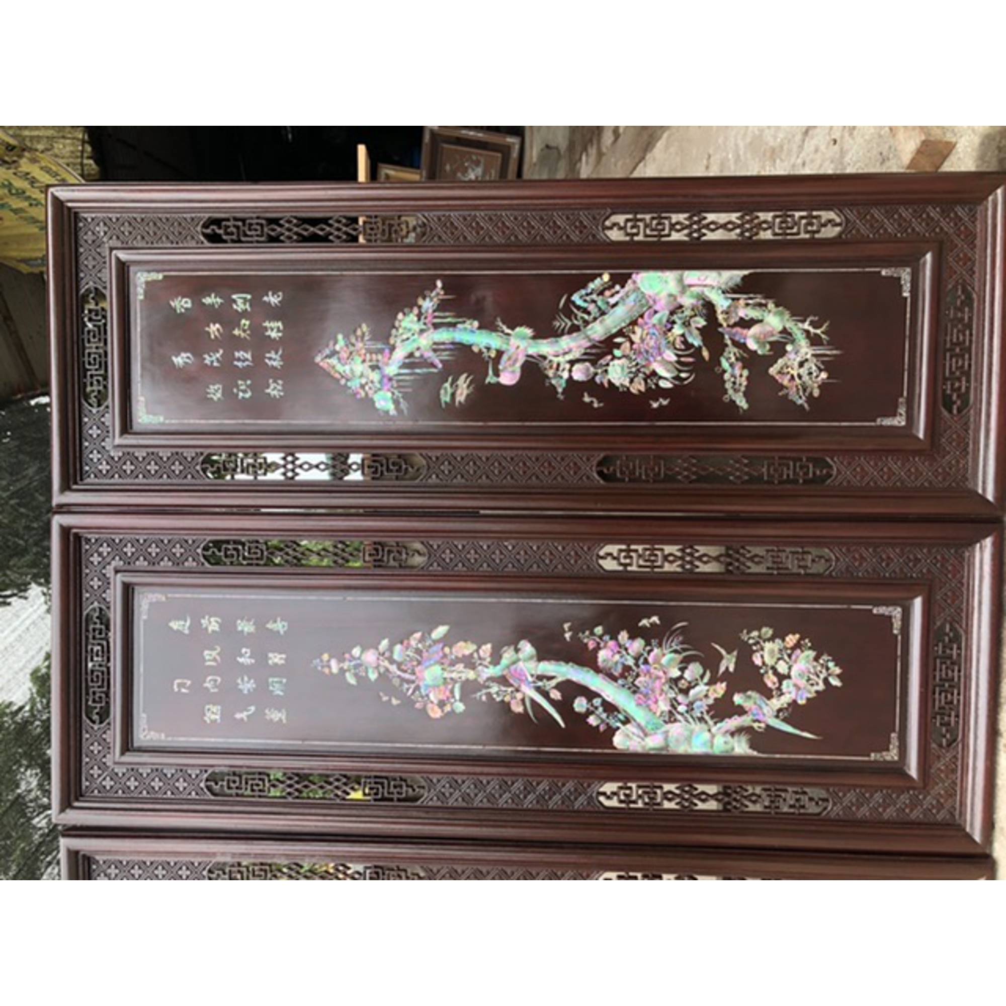Tranh tứ quý bốn mùa gỗ gụ khảm ốc kết hợp với vỏ bào ngư xanh đỏ kt 37×107×3.5cm