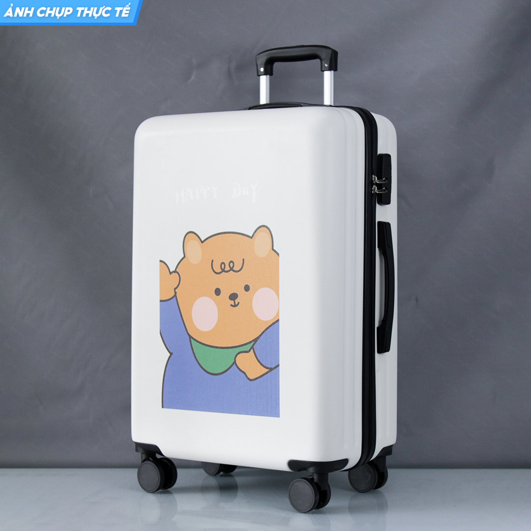 HÌNH THẬT_Vali Du Lịch Tay Kéo In Hình Gấu Cute Chất Liệu Nhựa Nhám PC+ABS 4 Bánh Xe Xoay 360 Độ Hàng Sẵn Kho Đủ Size 20/24/26 inch