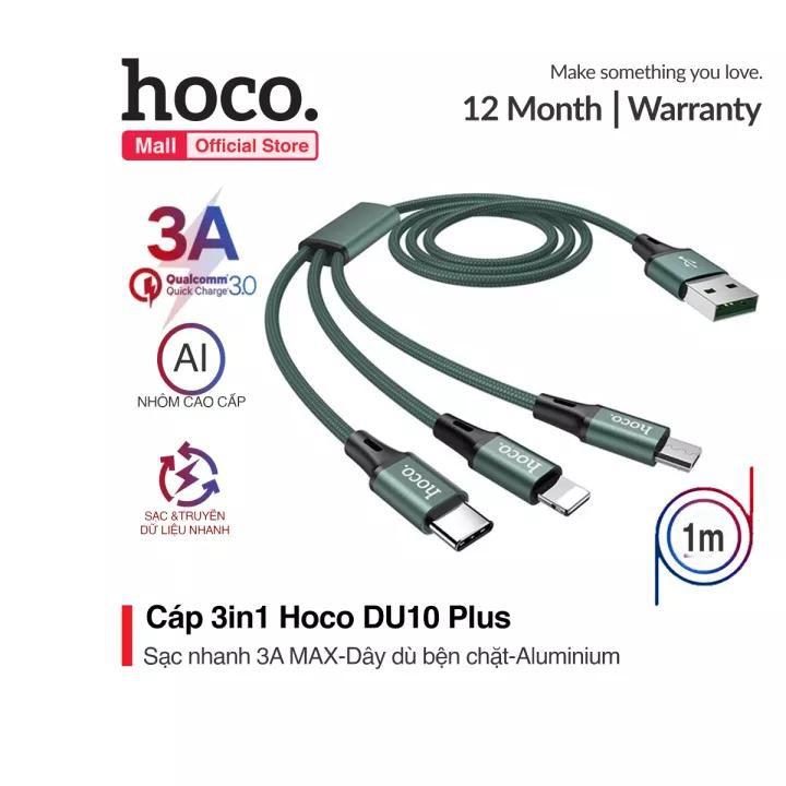 ️SẠC NHANH️ Cáp Sạc 3 Đầu Hoco sạc nhanh 3.0A - DU10Plus - Bọc dù bền bỉ - Sạc nhanh tất cả các dòng điện thoại - Hàng Chính Hãng