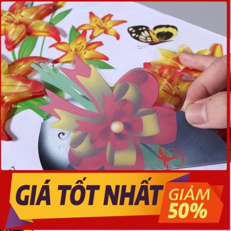 Tranh dán tường 3D treo phòng khách, phòng ngủ trang trí đẹp hình bình lọ hoa hồng/sen/trà/đào