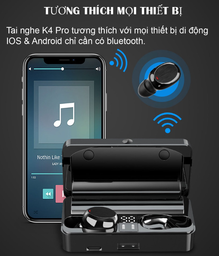 Tai Nghe Bluetooth K4 PRO Bản Cao Cấp Bluetooth 5.3 Cảm Ứng Âm Thanh 9D Sạc Dự Phòng Mẫu Mới - Hàng Chính Hãng