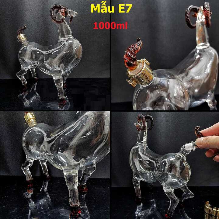 Chai đựng rươu thủy tinh 1 lít cao cấp mẫu Con Dê – Bình 12 con giáp – Món quà tân gia, sinh nhật, quà biếu lễ tết ý nghĩa