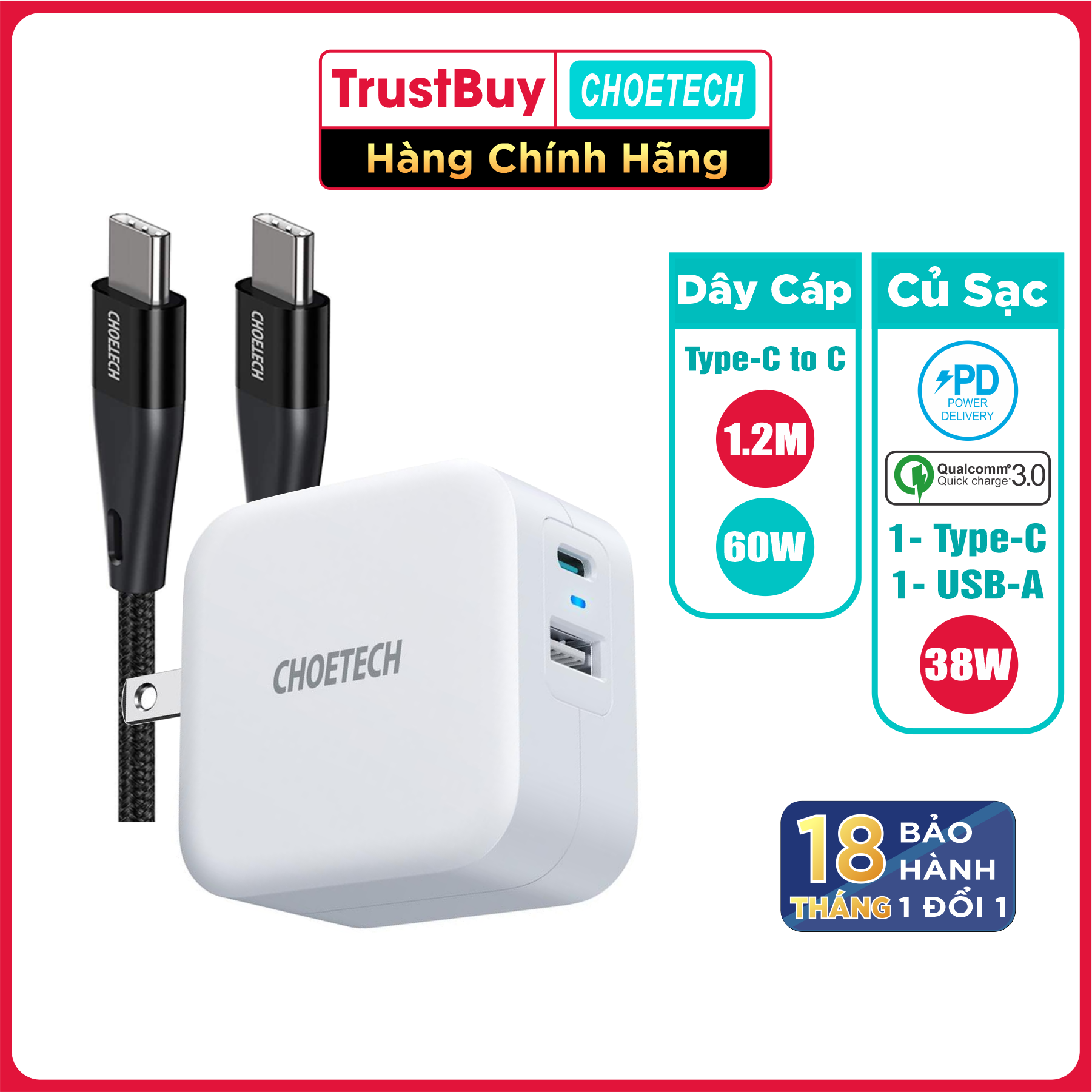 Bộ Củ Sạc CHOETECH PD 3.0 38W PD5002-W + Cáp Nylon USB Type C to C Dài 1.2M Sạc Nhanh 60W XCC-1003 - Hàng Chính Hãng