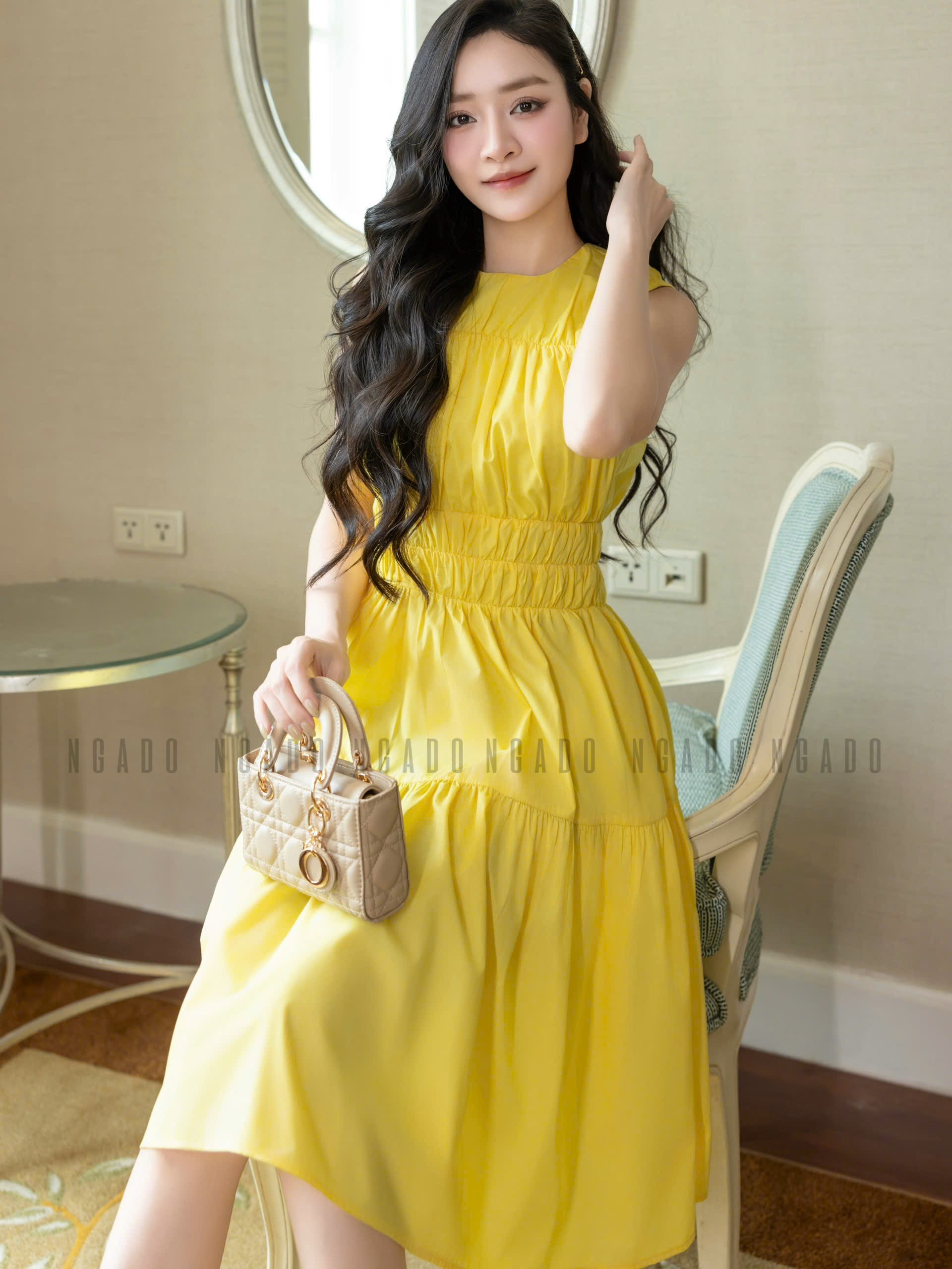 Đầm vàng nhún eo NGADO , đầm dài , đầm sát nách , đầm kiểu Nữ