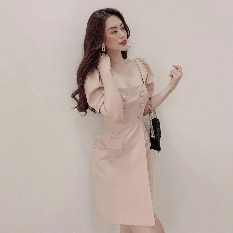 Đầm suông thời trang công sở form dáng chuẩn, dễ mặc dạo phố, đi làm hay du lịch đẹp Đầm cổ vuông nút bọc 2 màu