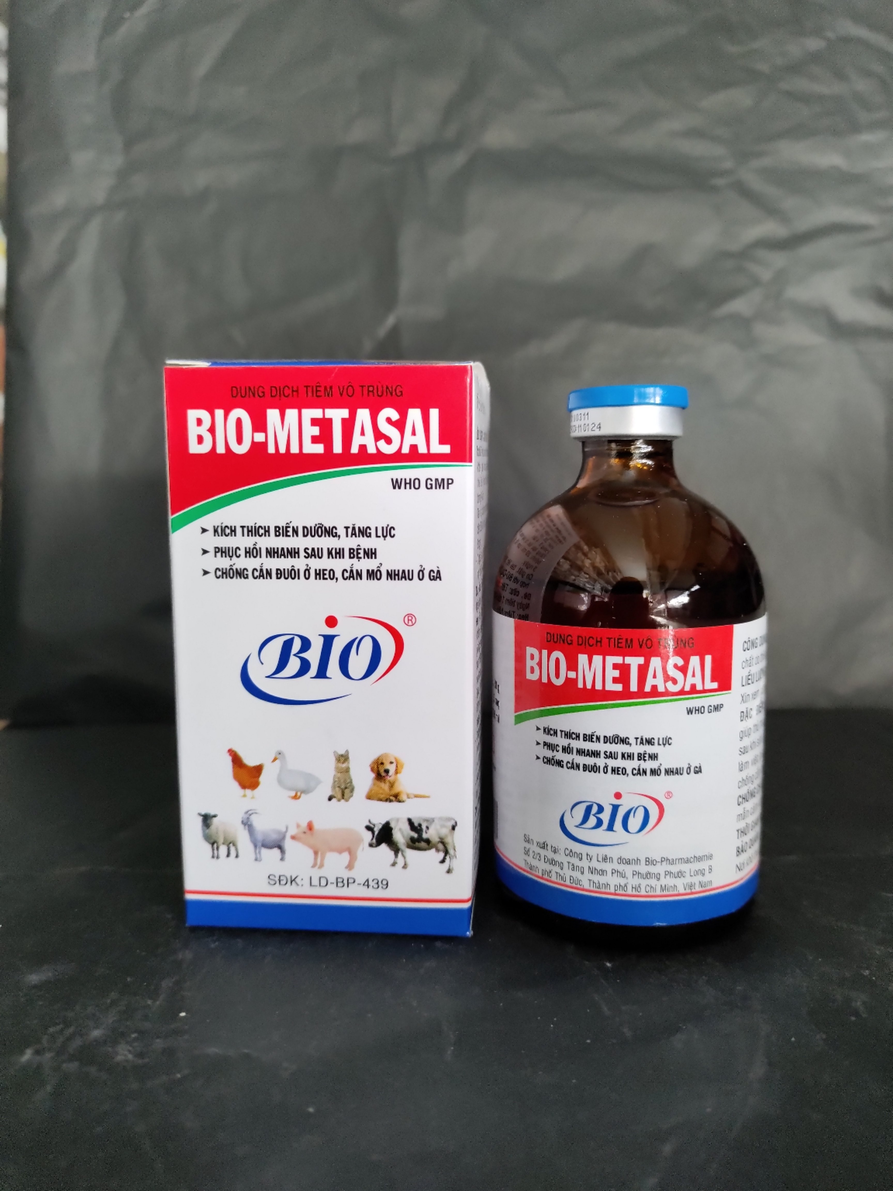 Dung dịch tiêm vô trùng BIO METASAL kích thích biến dưỡng, tăng lực, phục hồi nhanh sau bệnh, chống cắn đuôi ở heo, cắn mổ ở gia cầm