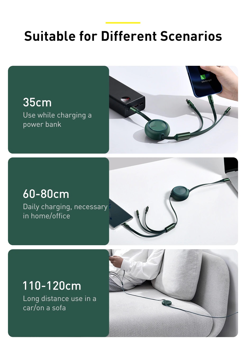Cáp sạc nhanh dây rút 3 đầu Baseus Bright Mirror 3in1 Retractable 66W/100W - Hàng chính hãng