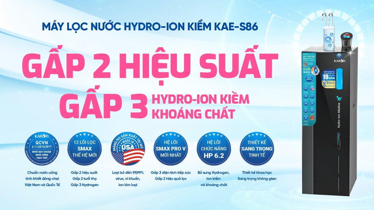 Máy lọc nước Hydro-ion kiềm nóng lạnh 12 lõi Karofi S86, Điện phân trực tiếp, Giao trước lắp sau miễn phí Bảo hành 3 năm - Hàng chính hãng