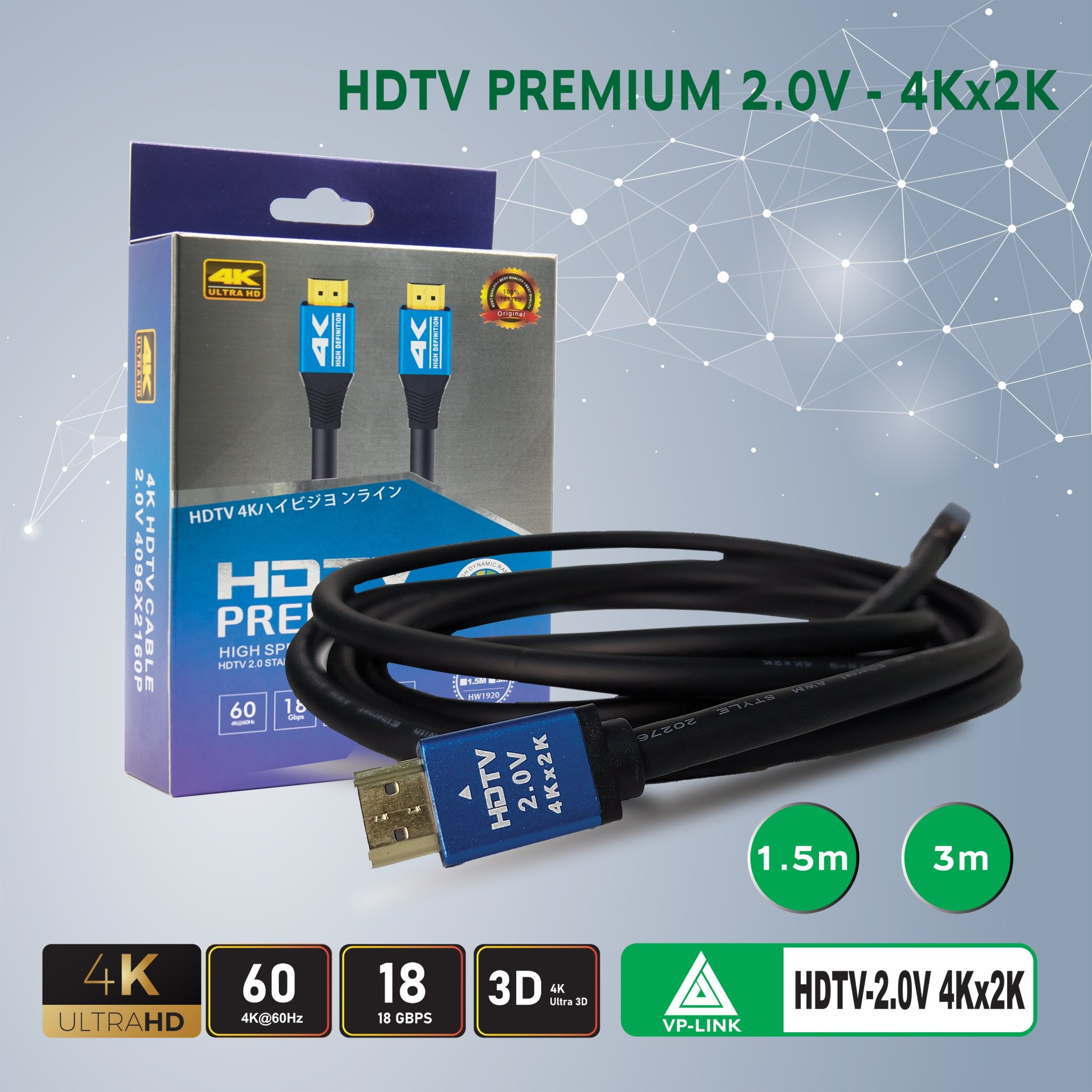 Dây HDMI Tròn Trơn Cao Cấp ( Chuẩn 2.0/4K ) - Hàng chính hãng