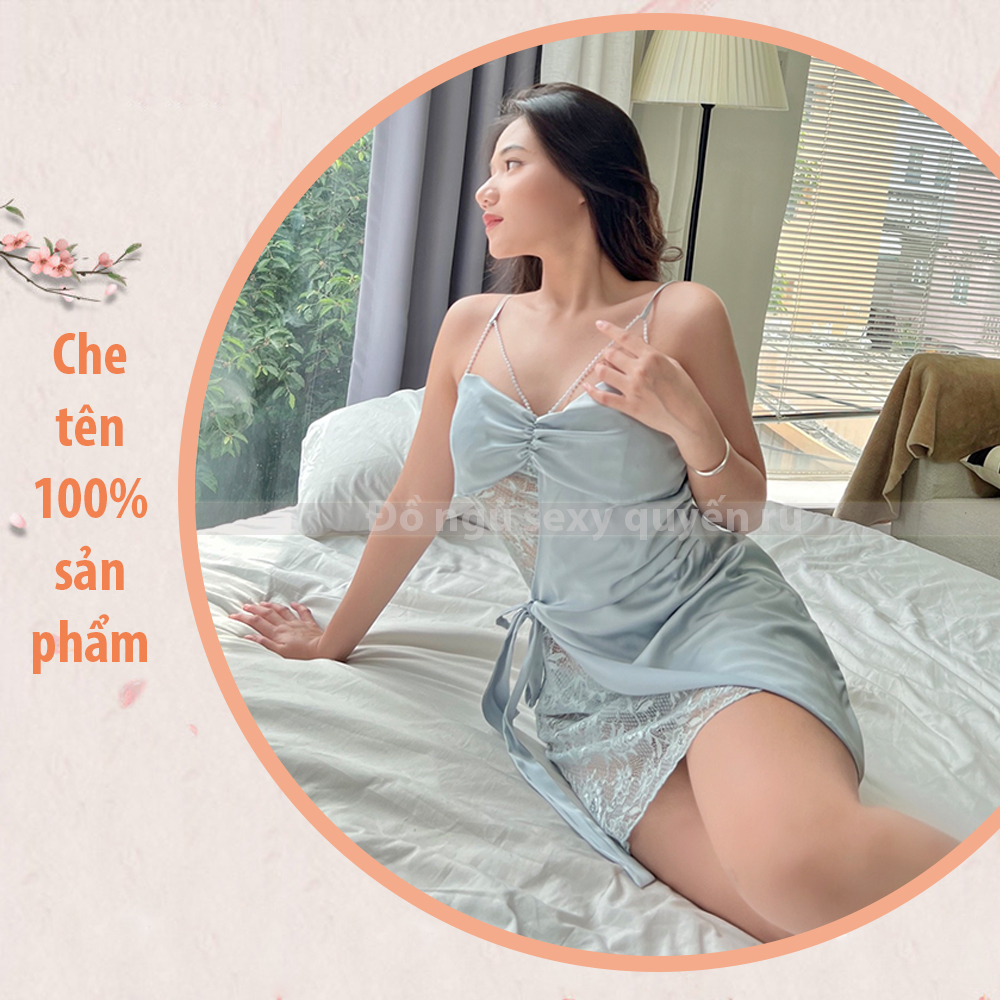 P31 Váy ngủ lụa sexy phối ren một bên gợi cảm  - Đầm ngủ lụa 2 dây ren một bên quyến rũ - Đồ ngủ nữ sexy