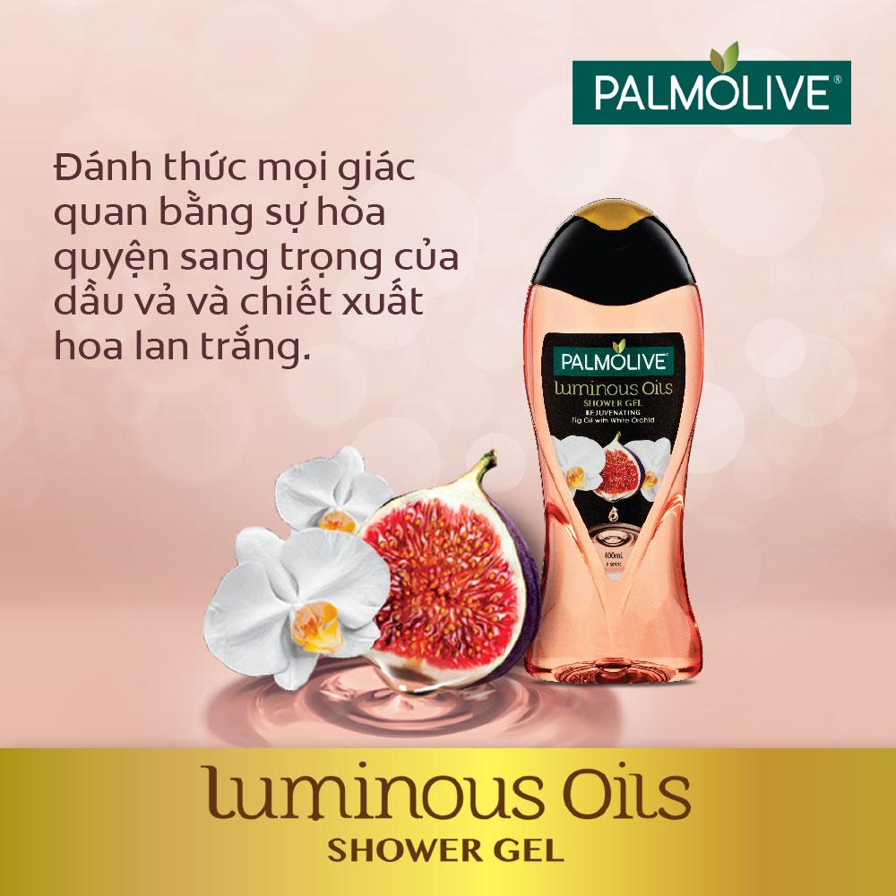 Sữa tắm dưỡng ẩm Palmolive Luminous tinh dầu thiên nhiên từ trái vả và hoa lan trắng 400ml