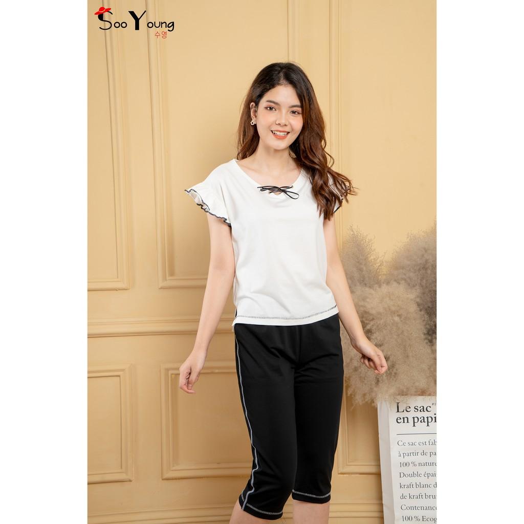Bộ thun cotton bèo vai cổ tim đan chéotay cánh tiên- Sooyoung