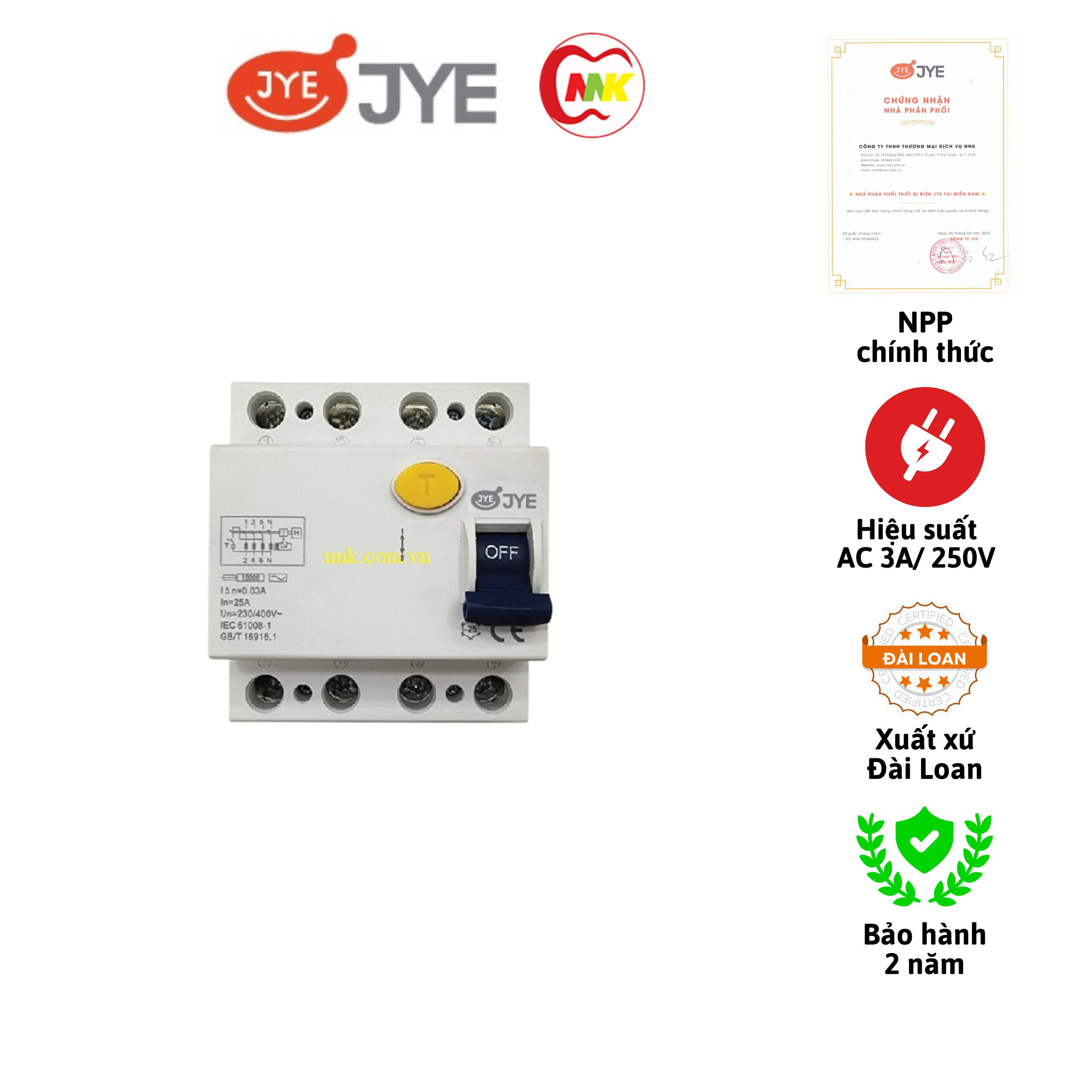 Cầu dao chống rò, chống giật JY-364S 4P 16A, 20A, 25A, 32A, 40A, 50A, 63A 30mA JYE hàng chính hãng