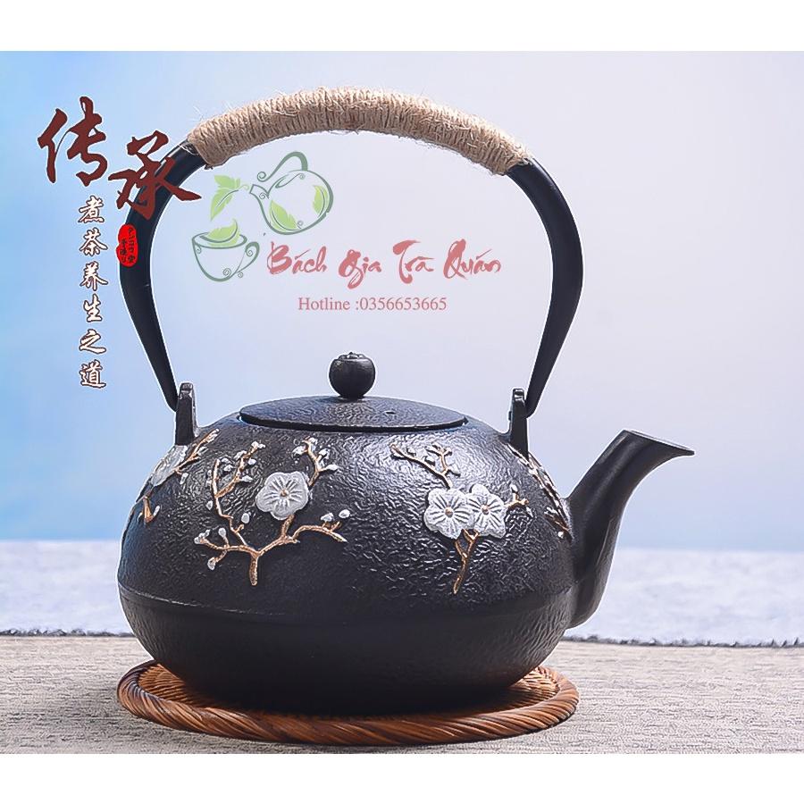Ấm Gang Tetsubin - Quai Gang Quấn Dây Cói - Họa Tiết Én Báo xuân - Dung Tích 1200ml