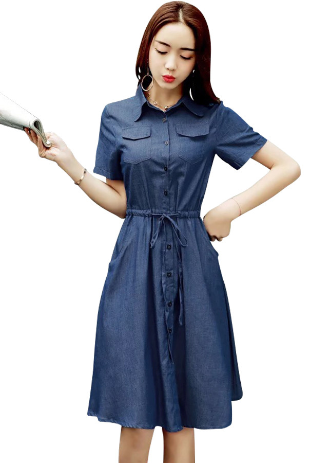 Đầm xoè denim eo rút dây
