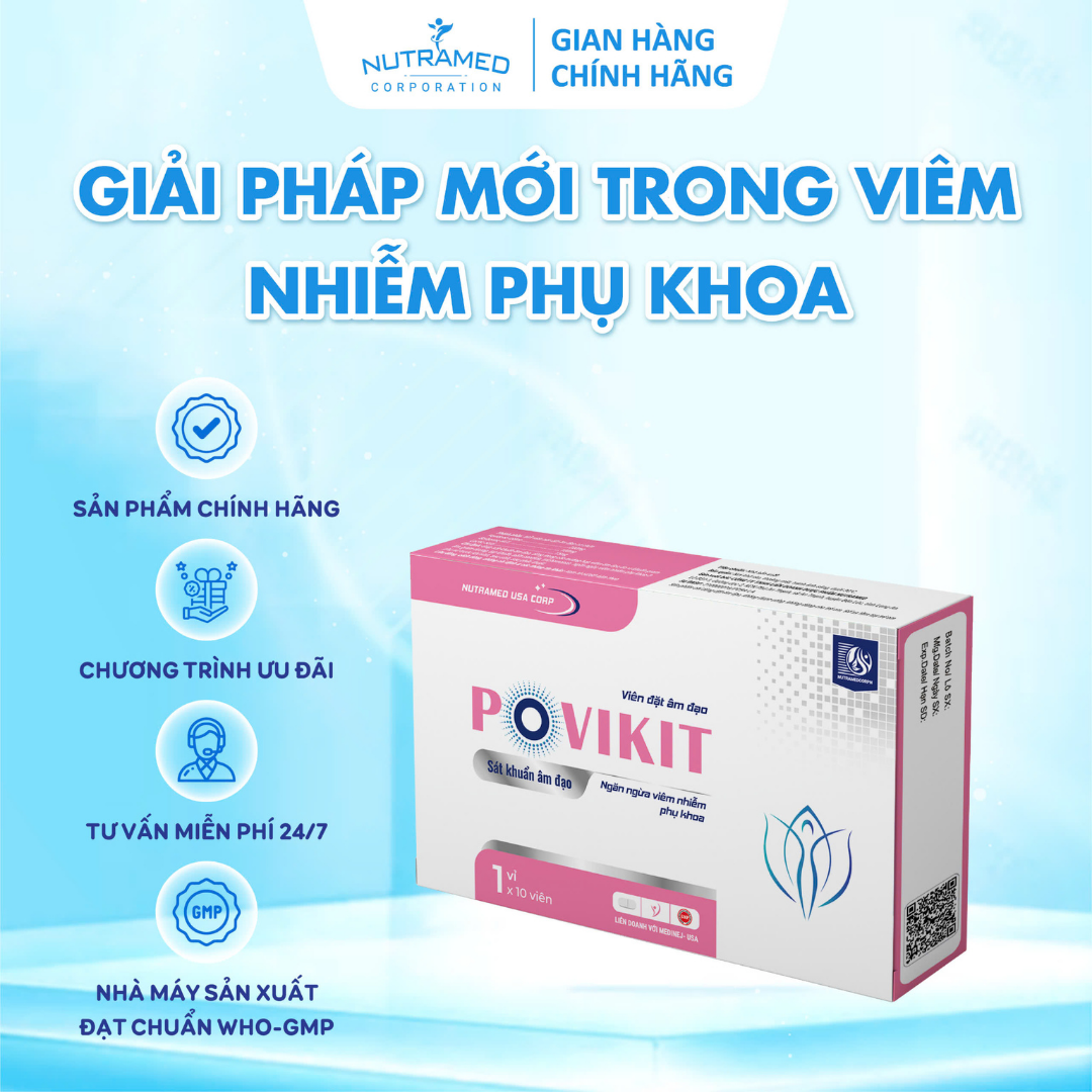 Viên đặt Povikit hỗ trợ giảm viêm cô bé do nhiễm vi khuẩn, nấm ngứa, mùi hôi - Nutramed (10 viên)