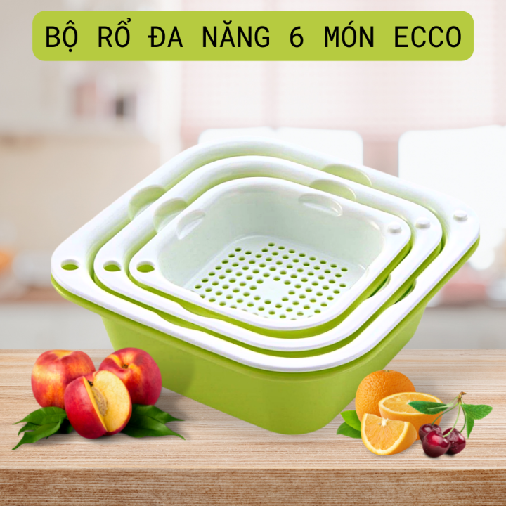 Bộ rổ nhựa kèm thau 6 món để thực phẩm rau quả đa năng - Set thao rỗ nhựa cao cấp 6 món 3 kích thước khác nhau