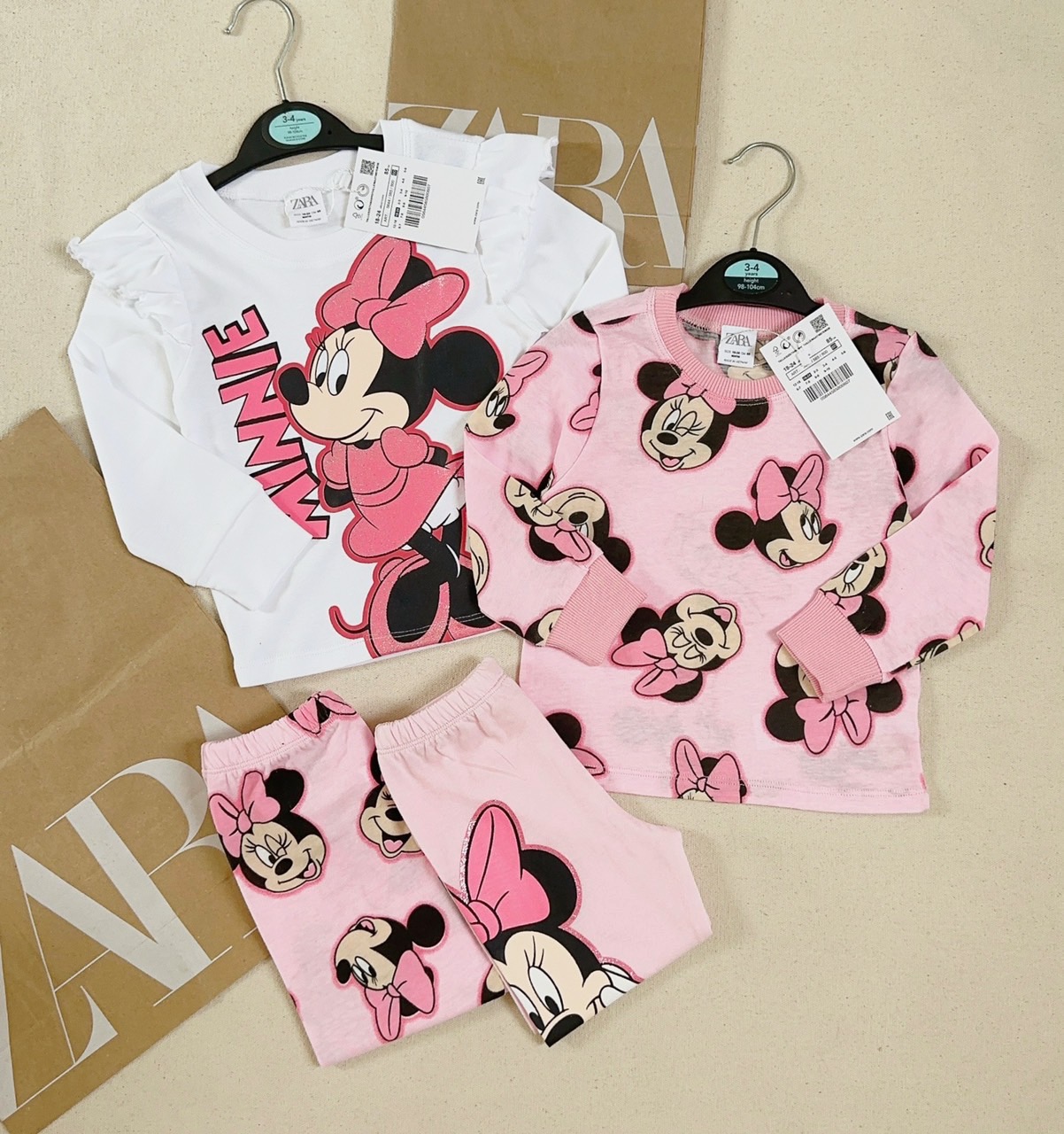 Set 2 bộ cotton dài tay bé gái Minnie trắng hồng 9-20kg