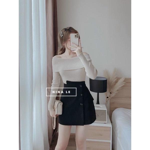 Áo len nữ dài tay cổ đổ bẹt vai sexy hàng len QC