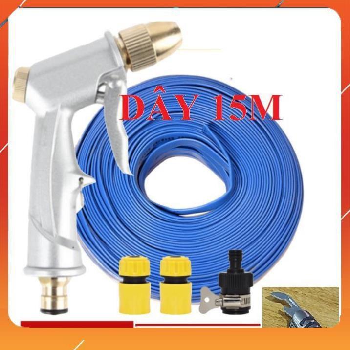 Bộ dây vòi xịt nước rửa xe, tưới cây , tăng áp 3 lần, loại 15m 206701 đầu đồng, cút,nối nhựa đen + mở chai