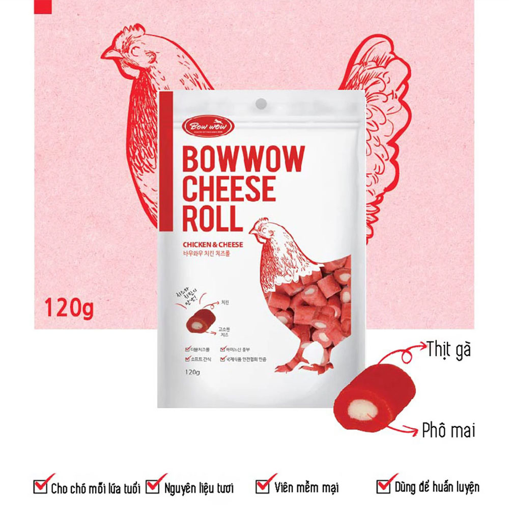 Snack Thưởng Phô Mai Cuộn Gà Và Cá Hồi Cho Thú Cưng Bowwow 120g