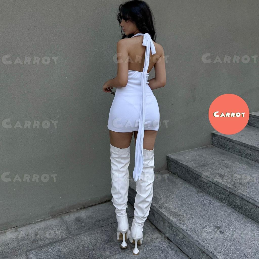 Đầm body sexy cột nơ dài carrotxinhdep váy ôm eo ôm ngực màu đen ngắn dự tiệc chất thun gân co giãn