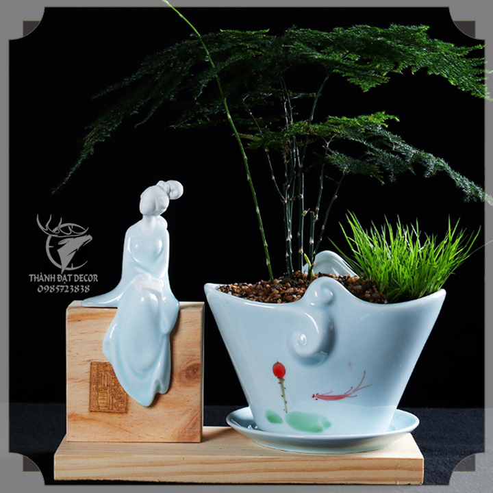 Tượng Gốm Sứ Cô Gái Đọc Sách Trang Trí Tiểu Cảnh, Cây Bonsai, Cây Cảnh, Hòn Non Bộ, Hồ Thủy Sinh, Lũa