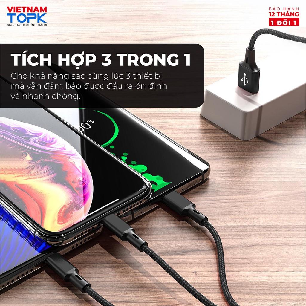 Dây sạc 3 đầu (iPhone, Type-C, Micro) dùng cho điện thoại TOPK AN20 Vỏ bện nylon dài 1.2m - Hàng chính hãng