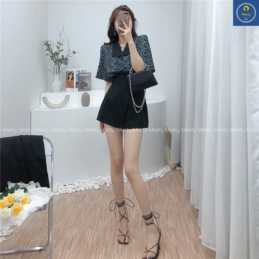 Set Áo Sơ Mi Họa Tiết Áo Sơ Mi Ngắn Tay Cổ Vạt Mix Quần Short Giả Váy Vải Voan Cá Tính, Xinh Xắn- Meety